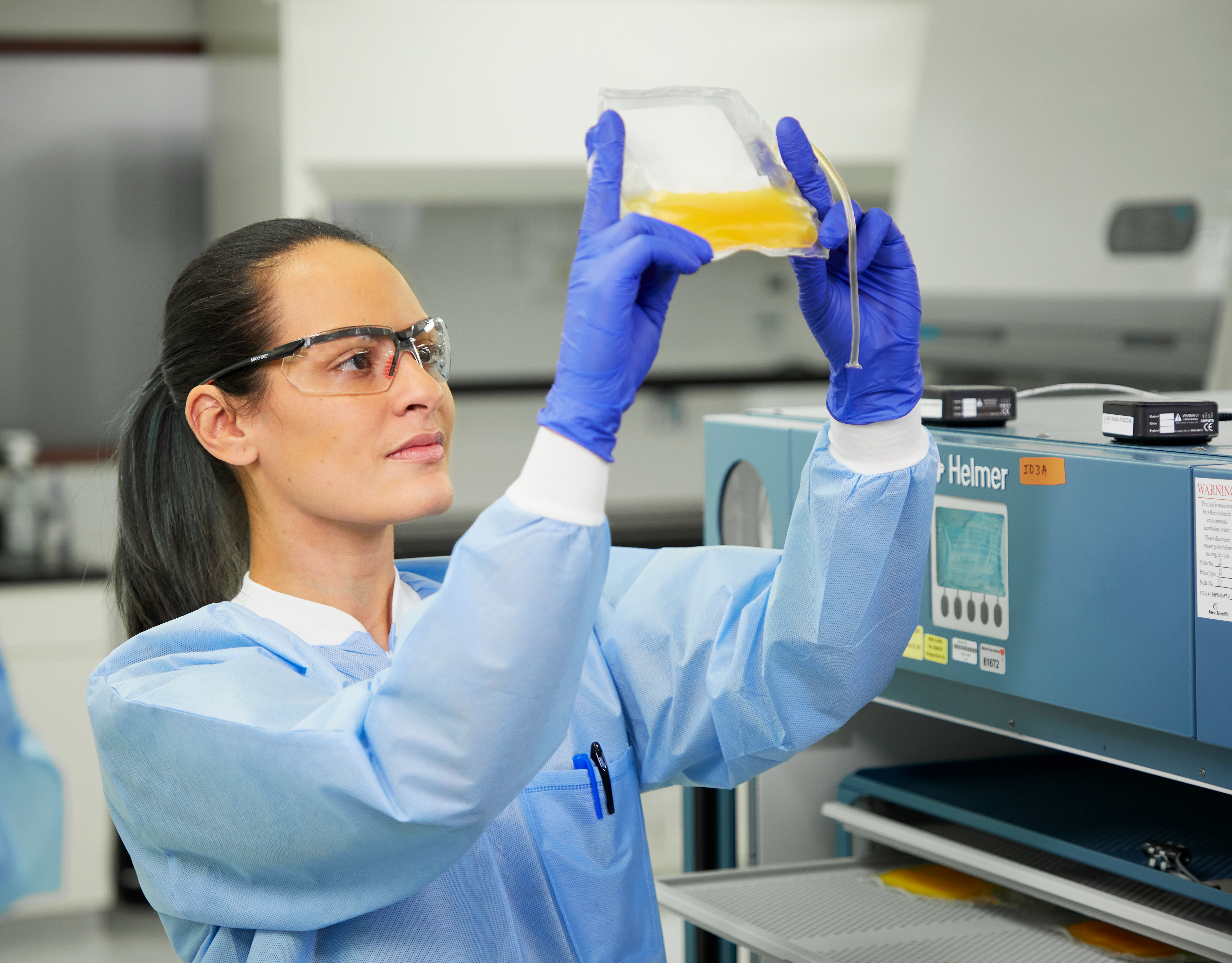 Operator inspecting platelet bag